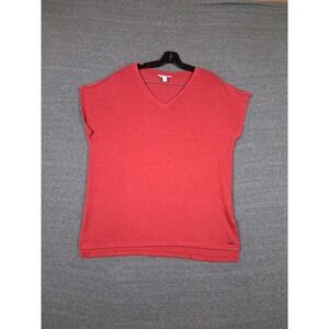 Orvis Womens Shirt Large Red Coral Knit Lightweight Pullover Nylon Casual Cozy